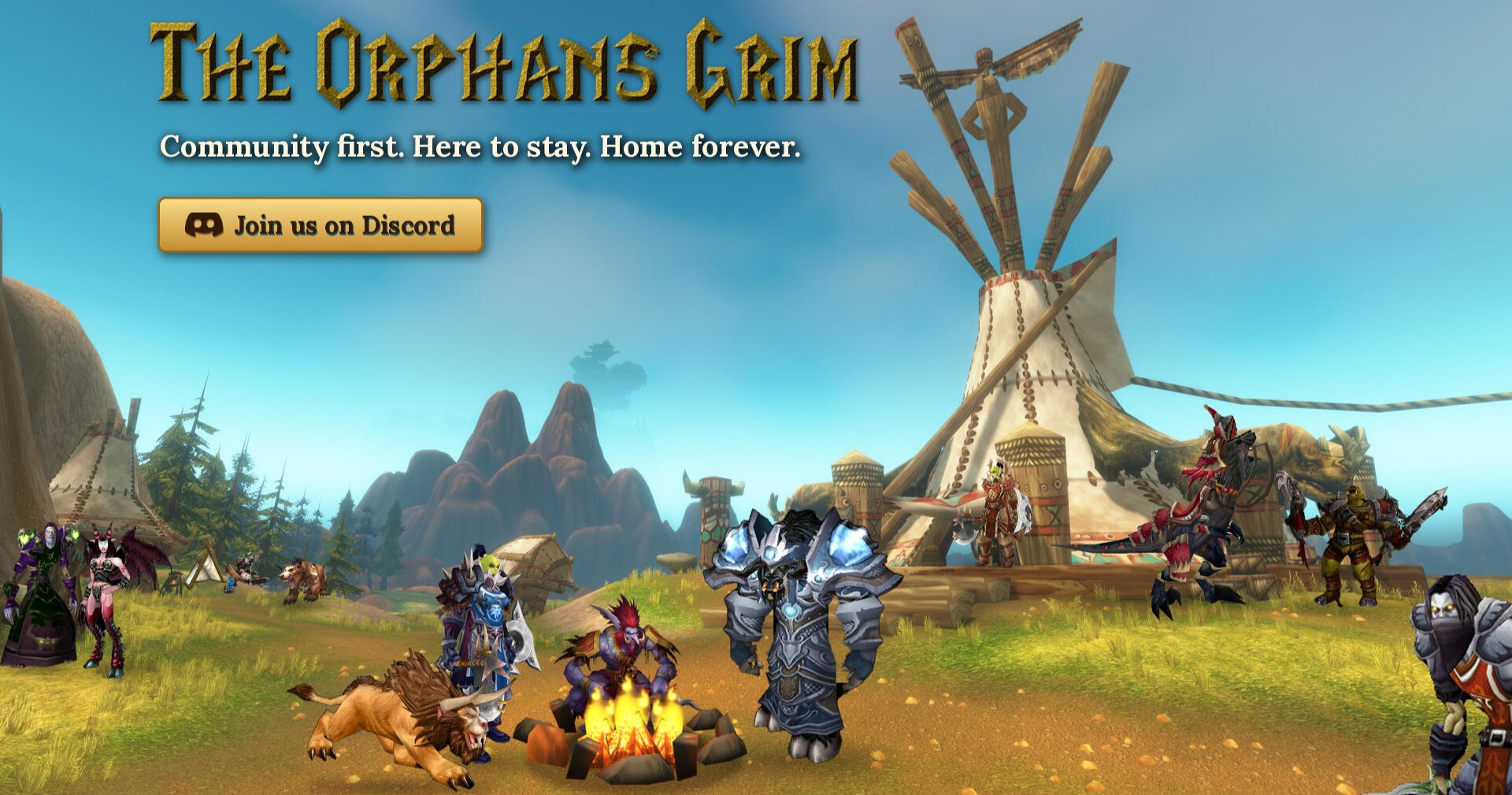 The Orphans Grim: Horde adventurers gathered round a campfire beside a tauren teepee